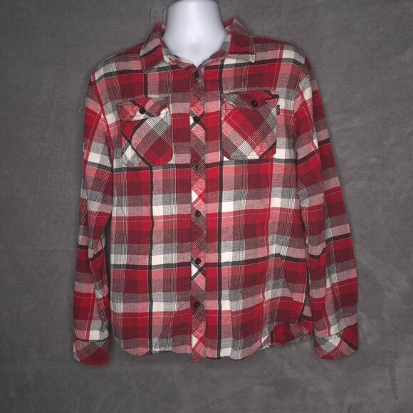 ONeill Mens Plaid Flannel Button-Up Shirt Large Long Sleeve Red Black Casual - Picture 2 of 4